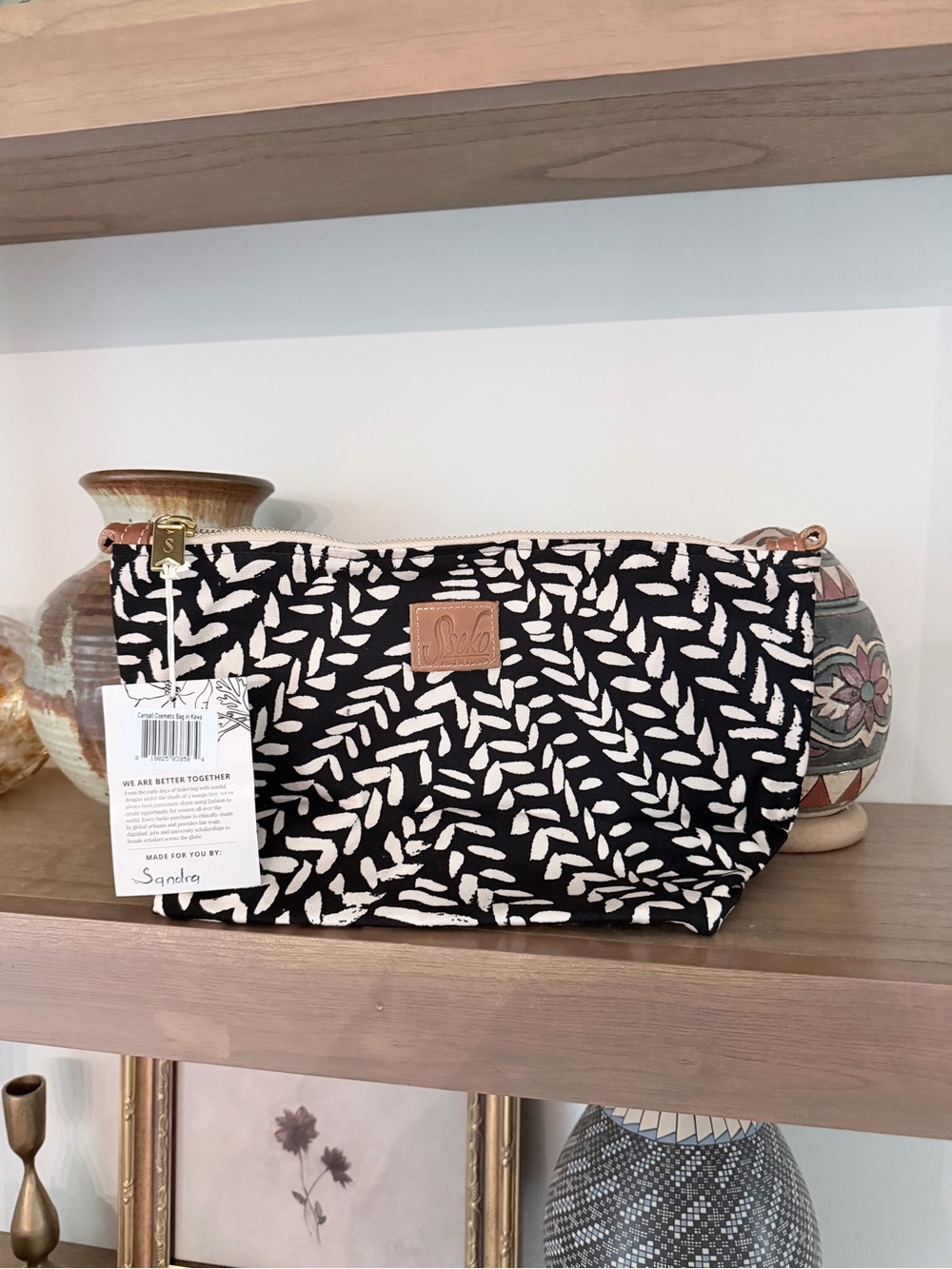 Sseko Black & Cream Leaf-Print Cosmetic Pouch